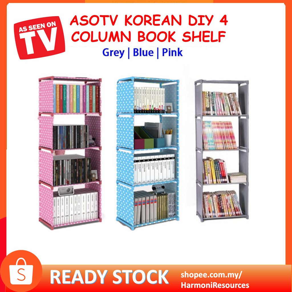 ASOTV Korean 4 Column DIY Book Shelf Storage Rack Cabinet ll Rak Buku ...