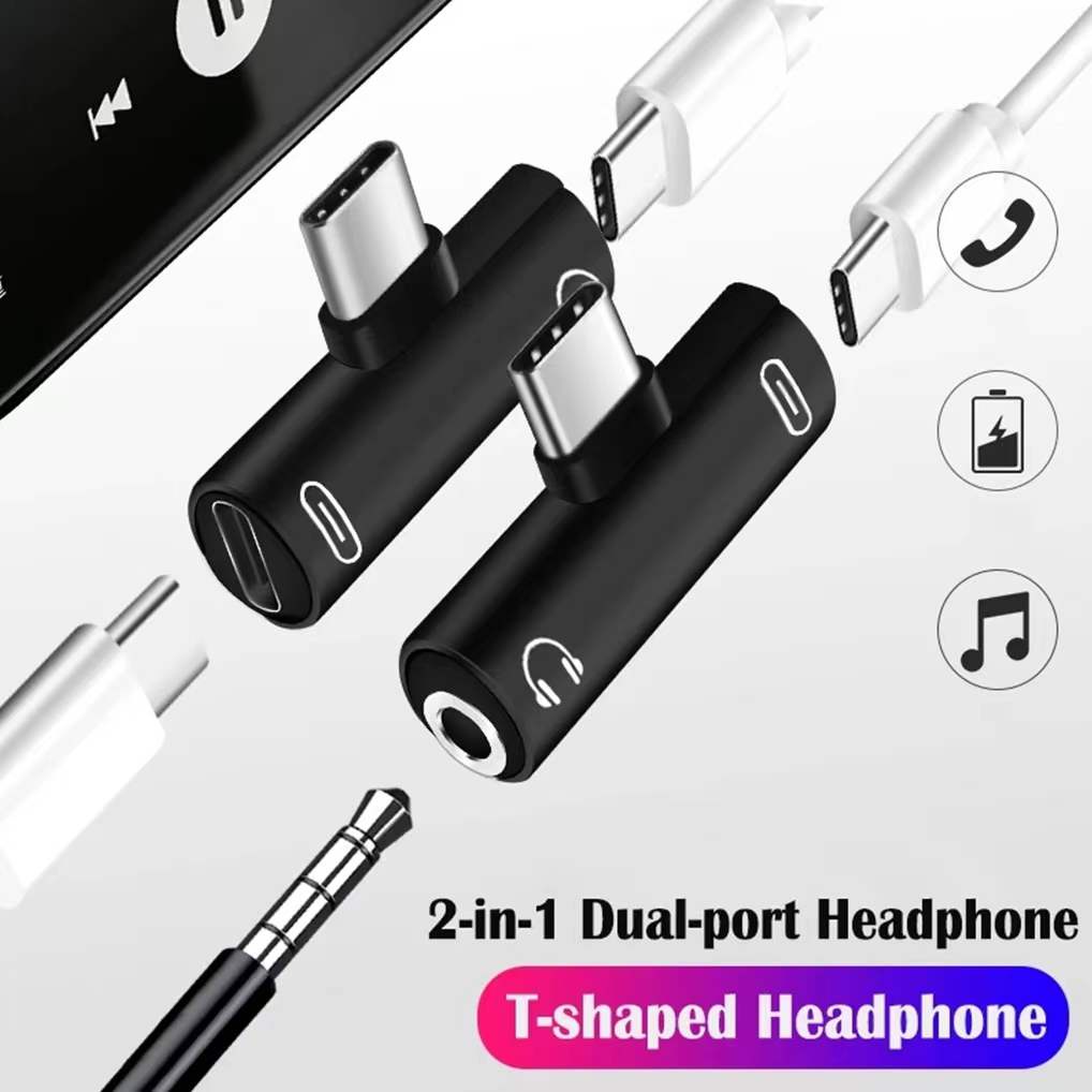 Tshaped 2 in 1 Type C to 3.5mm Audio Jack + Type C Charging Jack
