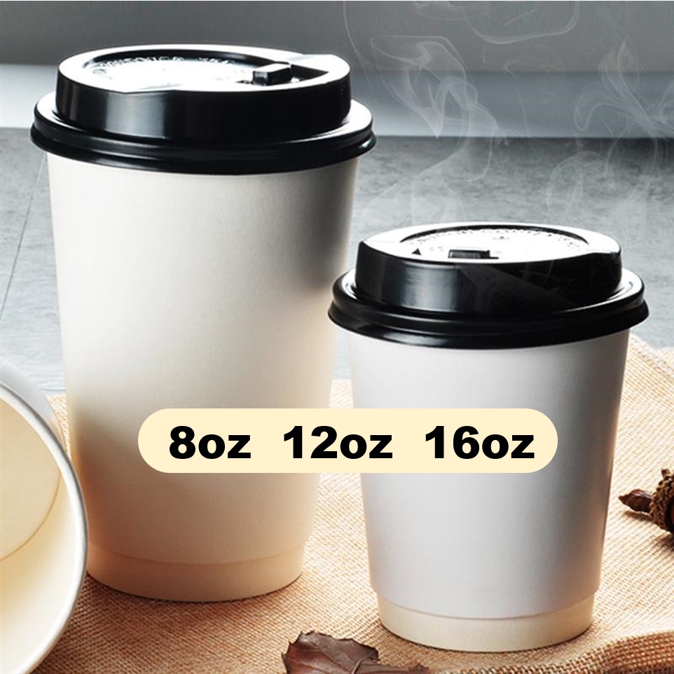 50pcs Double Wall Hot Cup with lid 8oz, 12oz & 16oz [White] Hot cup ...