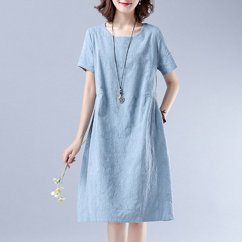 Women dress Cotton and Linen Short Sleeve Dress Loose Slimming Artistic ...