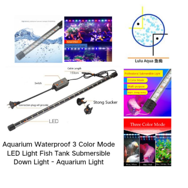 Aquarium Waterproof 3 Color Mode LED Light Fish Tank Submersible Down ...