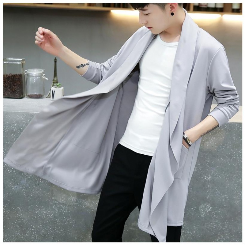 Men s Long sleeved Cardigan Korean Cloak Coats Open Front Long Casual Windbreaker Knitted Cardigan For Men Knee Length Solid Color Male Sweatshirts Shopee Malaysia