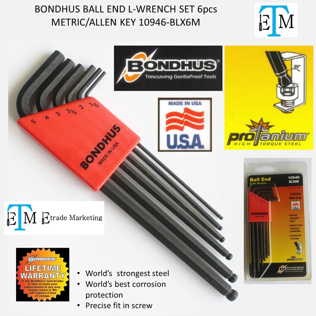 BONDHUS 10946BLX6M BALL END LWRENCH SET 6pcs METRIC/ALLEN KEY SET