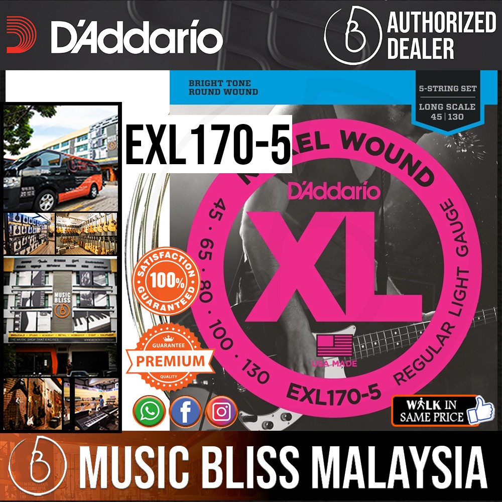 D'Addario EXL170-5 Regular Light Nickel Wound 5-string Long Scale Bass ...