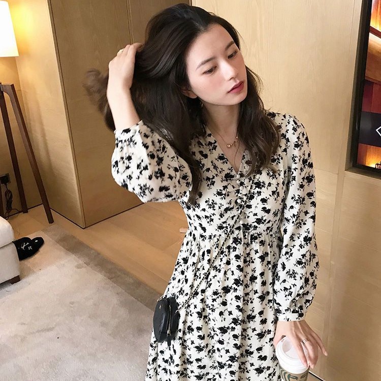 Long-sleeved floral dress autumn and winter 2022 new Korean style ...