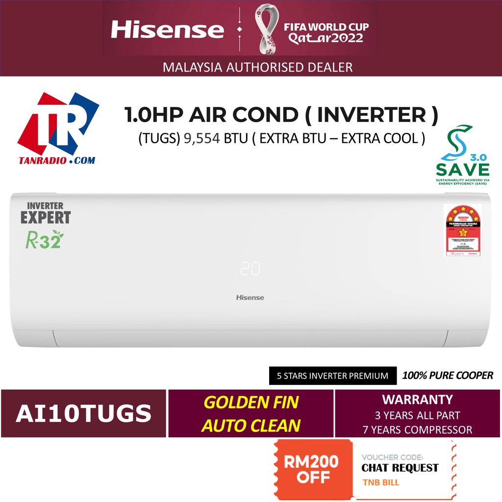 Hisense Ai10tugs 1hp Inverter Premium Air Cond 5 Stars Air Conditioner Penghawa Dingin 6238