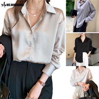 Womens Long Sleeve Satin Silk Shirt Office Ladies Button-down