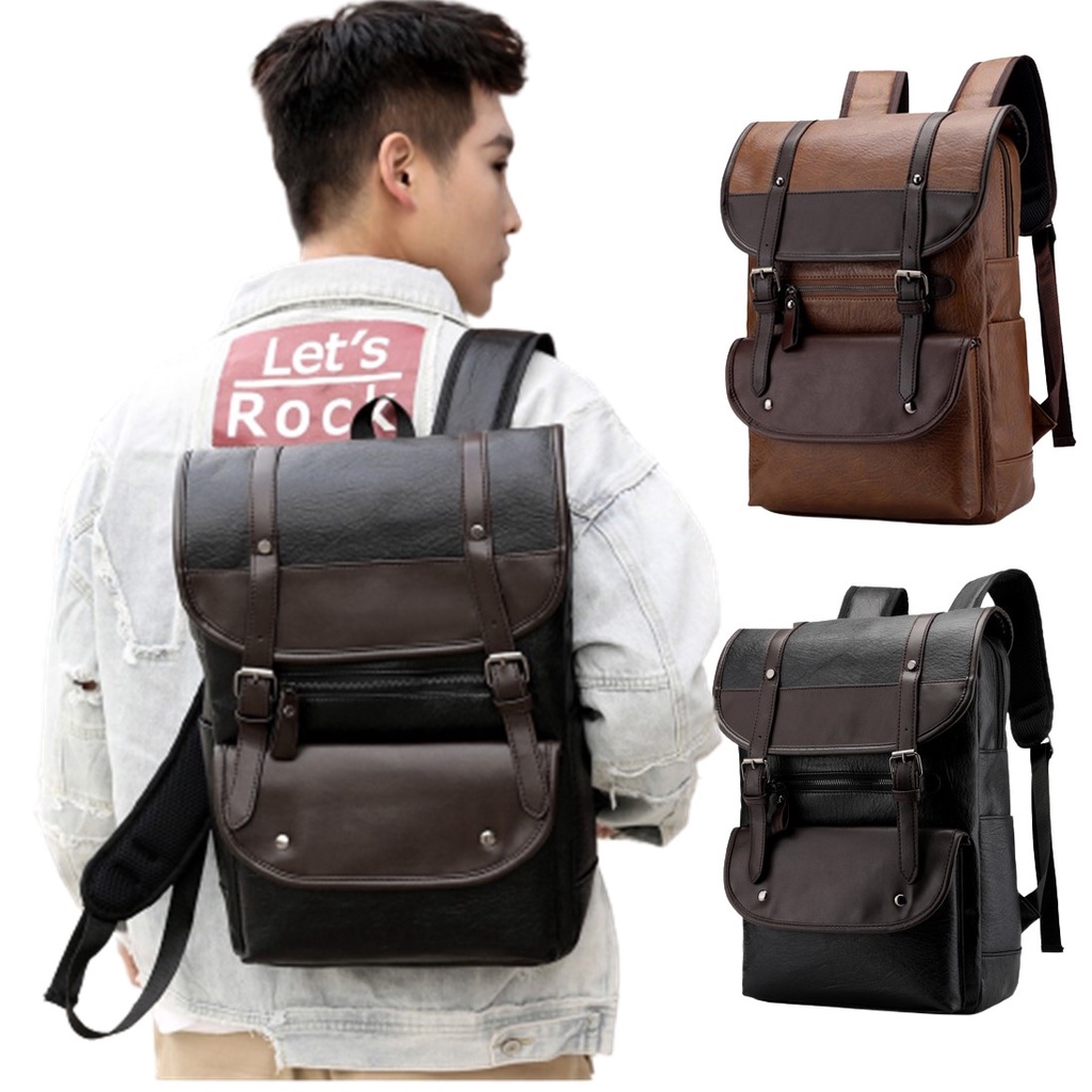 Vintage PU Leather Backpack Men Travel Laptop Business School Student College Bag Beg Sekolah Kolej Universiti Lelaki Shopee Malaysia