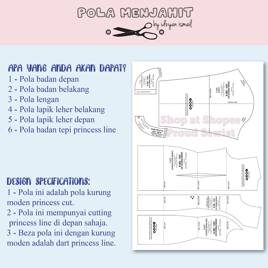 Pola baju kurung moden princess line sale