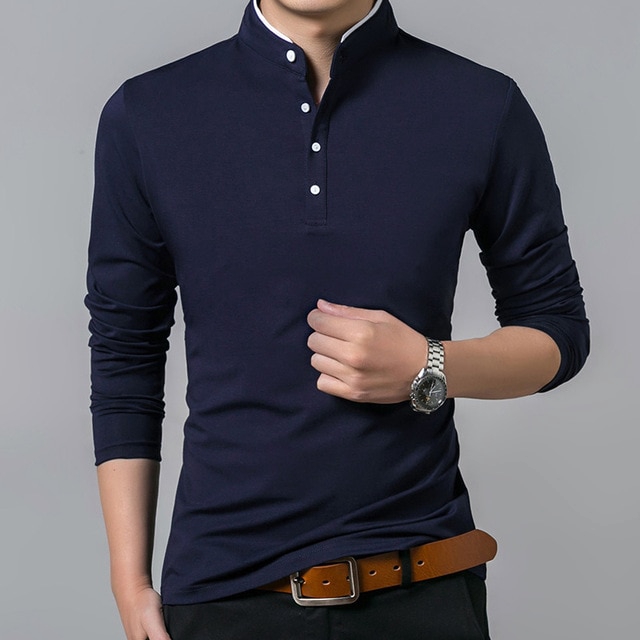 Men Collar Cotton Full Sleeve Solid Color Tshirt Man Fashion Popular ...
