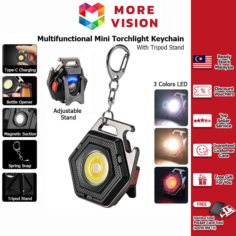 Keychain Torch Light LED 3 Colors Tripod Stand Small Mini Hanging