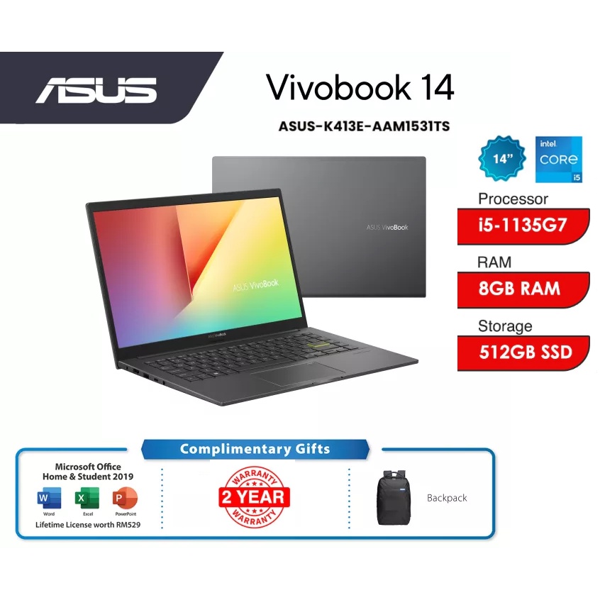 Asus Vivobook K413e Aam1531ts I5 1135g7 8gb 512gb Ssd 140 Fhd Black W10 Office Home 7236