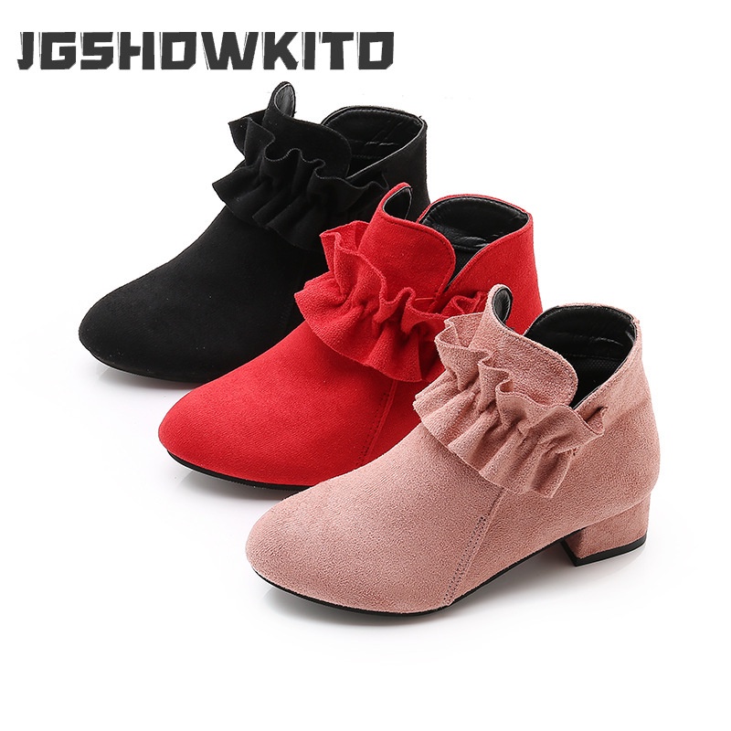 Girls Ankle Boots High Heels Square Heel with Ruffles Flouncing Kids Princess Boots Children Snow Boots Fashion Sweet Flock Shopee Malaysia