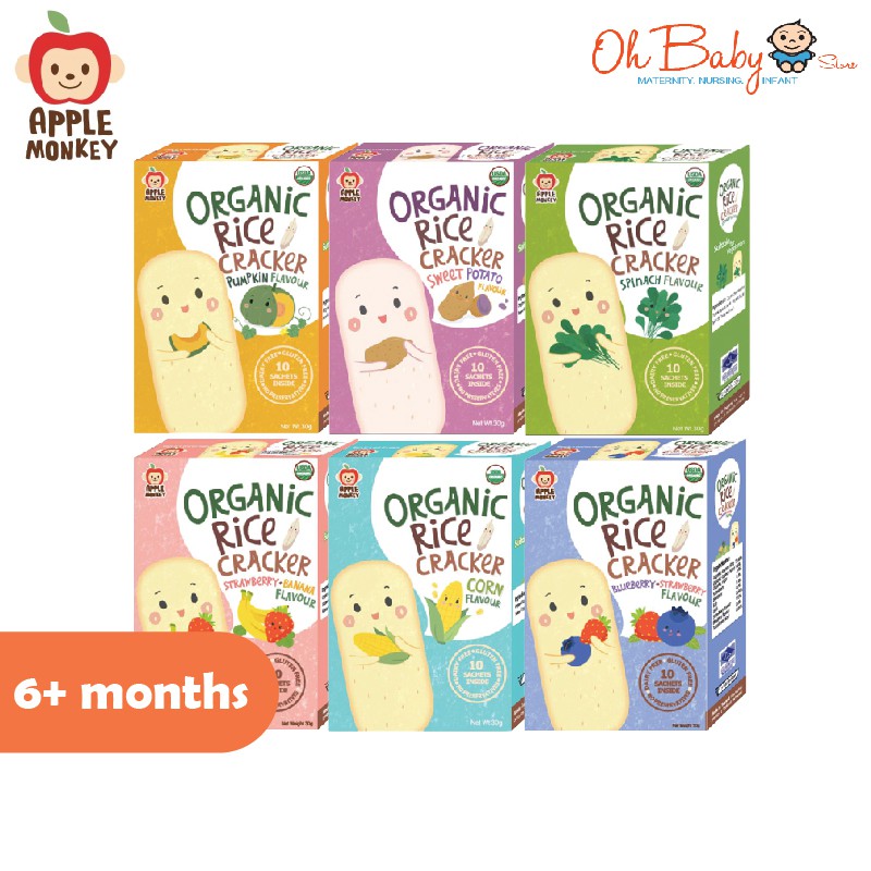 Apple Monkey Baby Organic Rice Cracker - 6 Flavour (10's) 6m+ | Shopee ...