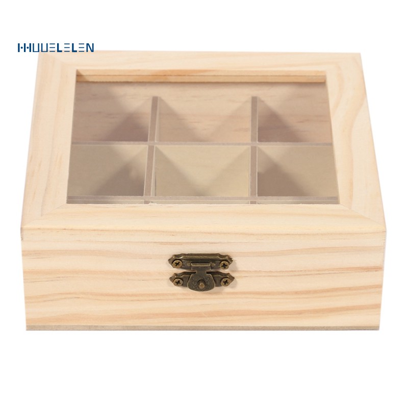 Wooden Tea Bag Jewelry Organizer Chest Storage Box 9 Compartments Tea