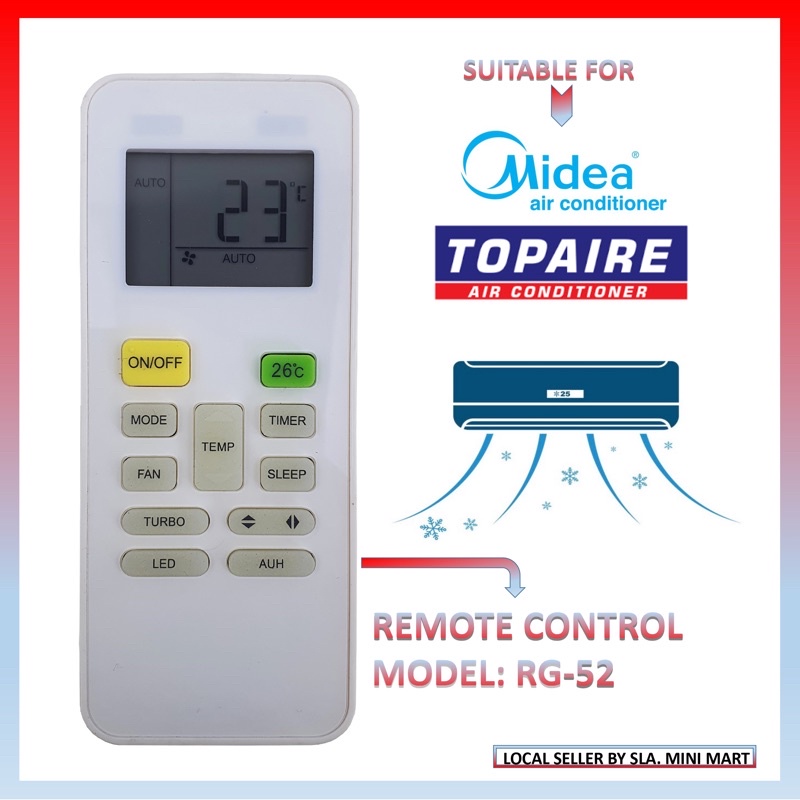 MIDEA/ TOPAIRE AIRCOND REMOTE CONTROL RG-52 (FOR MIDEA REPLACEMENT ...