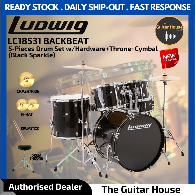 Ludwig Backbeat LC18531 Complete 5Piece Drum Set with Hardware and Cymbals Black Sparkle