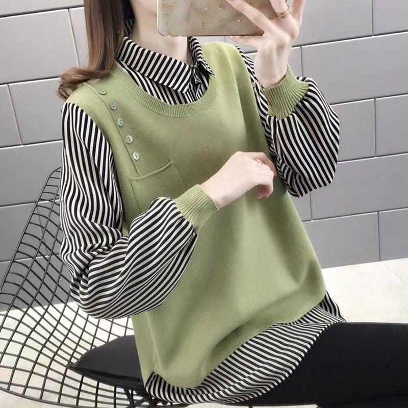 Patchwork Plaid Lapel Collar Fake Two Piece Sweats Preppy Style Simple Fashion s Trendy Pullovers Basic
