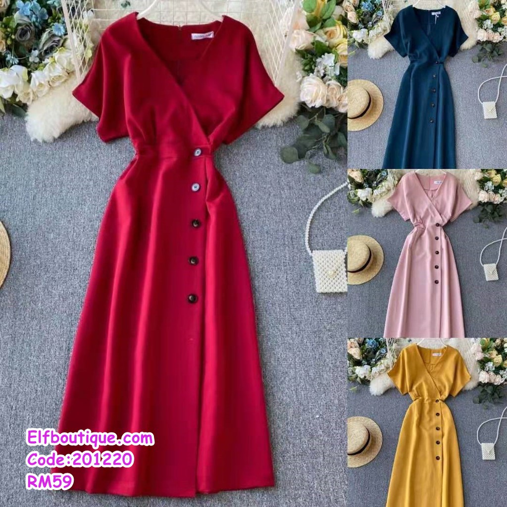 READY STOCK Woman Short Sleeve V-Neck Slim Fit Button Midi Dress Pink ...