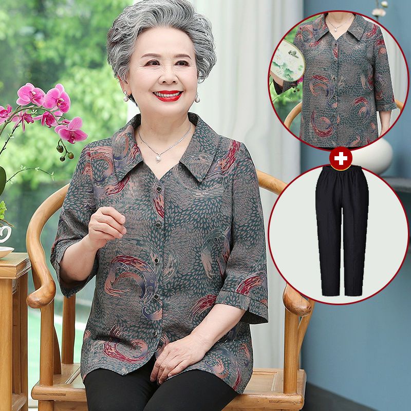 Middle-aged Elderly Female Blouse Spring Summer Long Shirt Womans