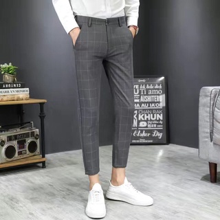 Mens Business Dress Pants Skinny Fit Plaid Pants Stretch Slim Fit