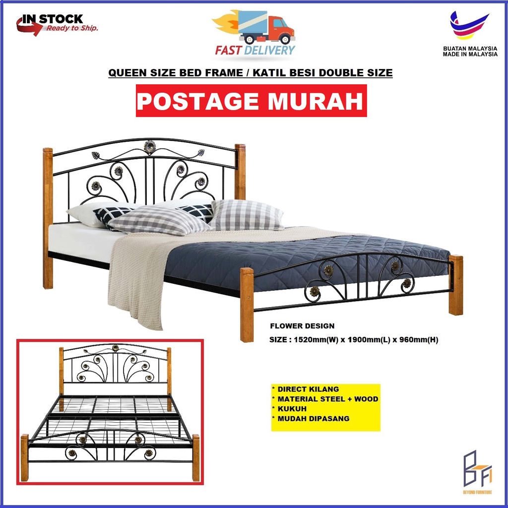 [READY STOCK KEDAH] Queen Bed Frame Metal + Wood Katil Besi Double Size ...