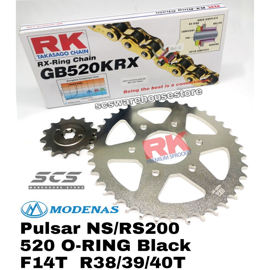 RK Sprocket Set Pulsar NS200 RS200 520 KRX RK XRing Black Gold Chain 14T38/39/40T Modenas