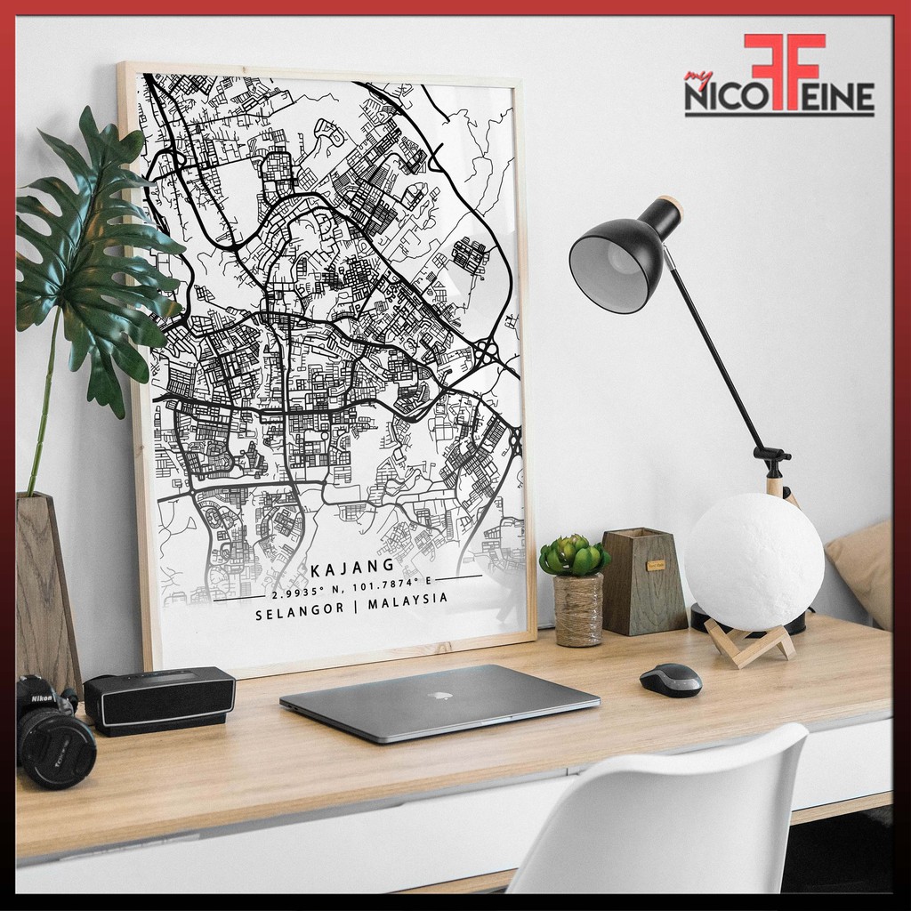 NEW Kajang Selangor Minimal City Map with Coordinate Black and White