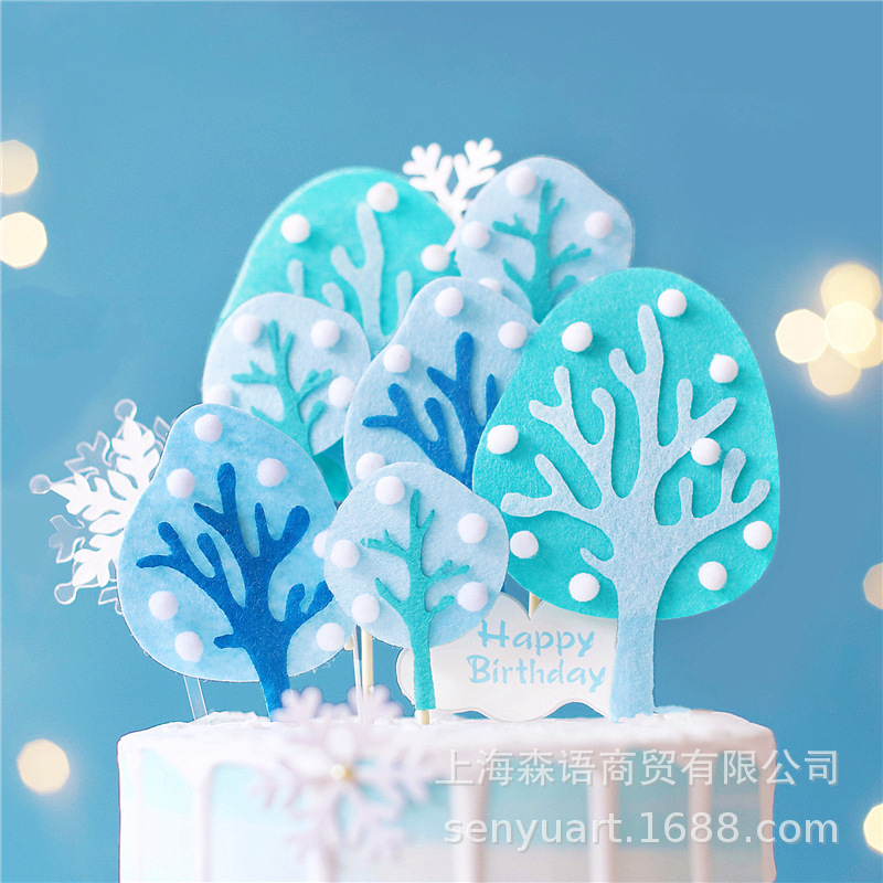 Blue and white tree birthday cake topper decoration set snowflake tree