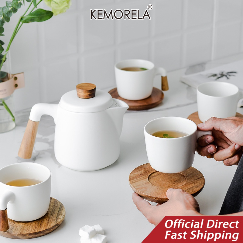 KEMORELA Japanese-style tea set wooden handle ceramic teapot thickened ...