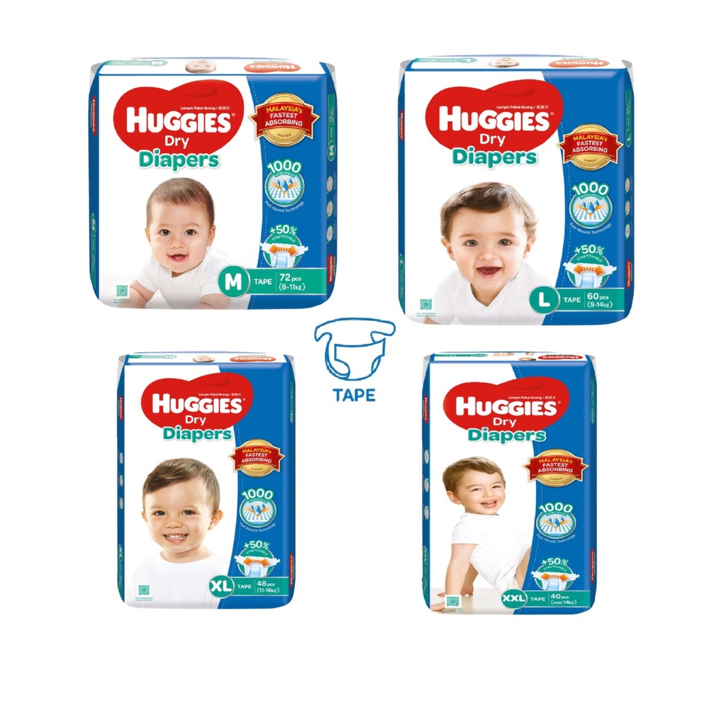 Huggies Dry Diapers Super Jumbo Pack - M72/L60/XL48/XXL40 (1 Packs ...