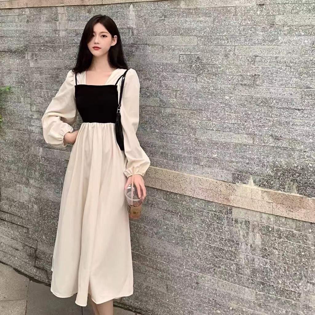 Korean style long-sleeved dress stitching fake two-piece waist-length A ...