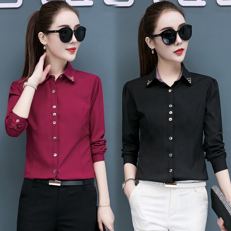 Women Lantern Sleeve Blouse Solid Formal Shirt Tops Button Casual White  Black