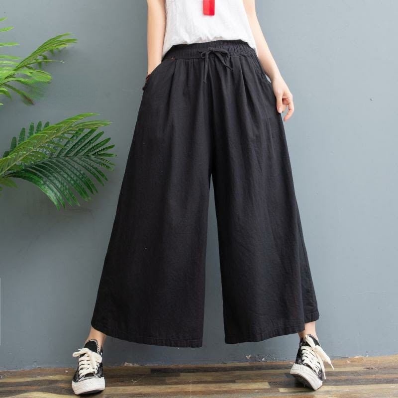 Women Linen Cotton Loose Causal Wide Leg Pants Solid Color Long ...