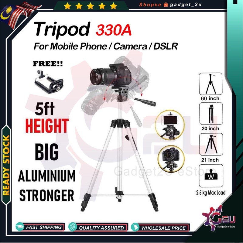 Professional 330A Tripod Stand Holder 53” inch Height For Mobile Phone, Camera DSLR Selfie Stand