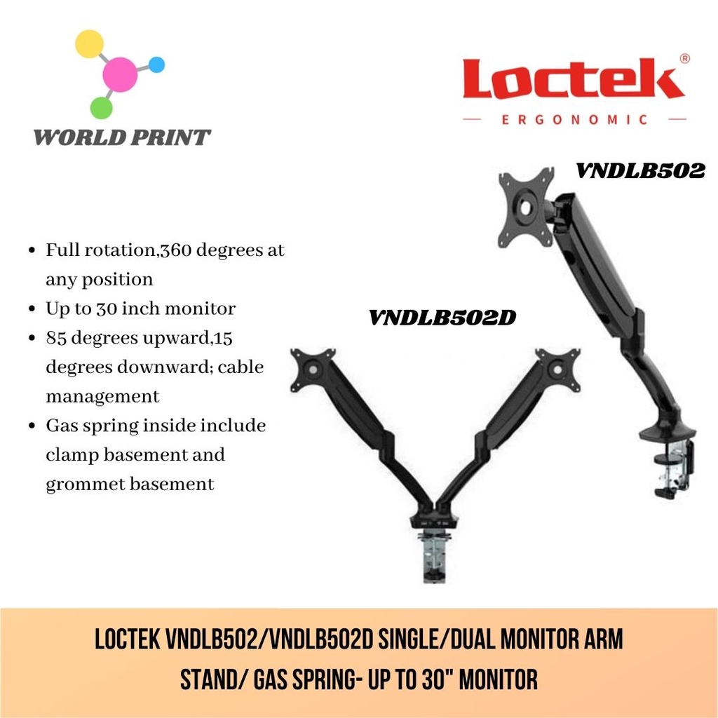LOCTEK VNDLB502/VNDLB502D Single/Dual Monitor Arm Stand/ Gas Spring Up