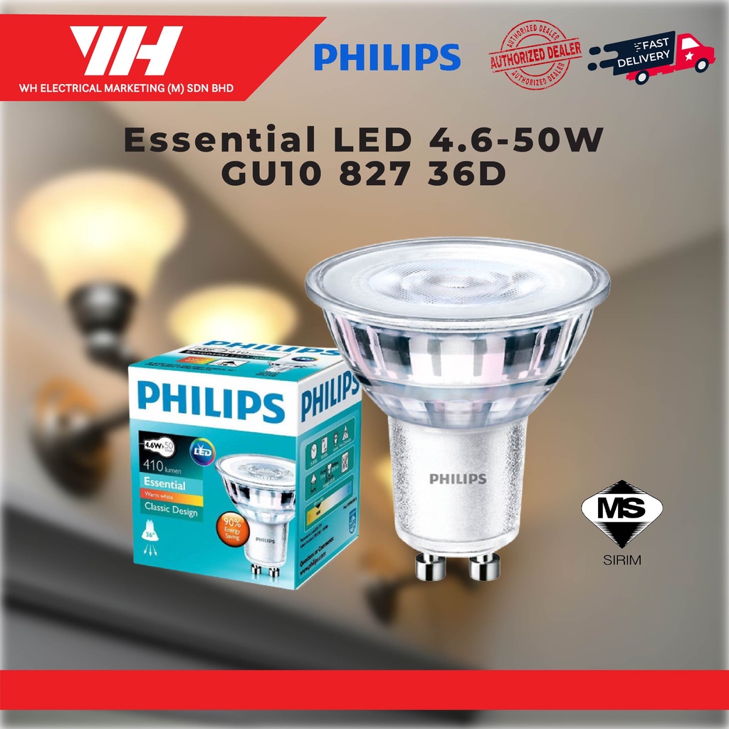 Brink mastermind Adskillelse Philips LED GU10 Essential (4.6-50W 2700K Warm White) 827 36D Light Bulb ||  Mentol Lampu | Shopee Malaysia