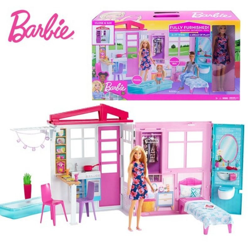 Barbie Portable 1-Story Toy Play Set Dollhouse with Doll, Pool, & Furniture