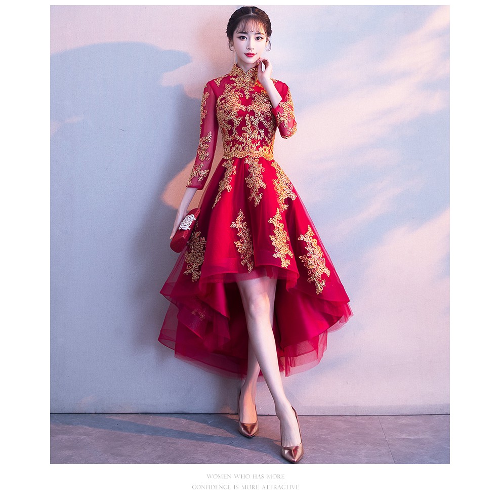 PO red gold cheongsam long sleeve wedding prom dress gown RBP0868 | Shopee  Malaysia