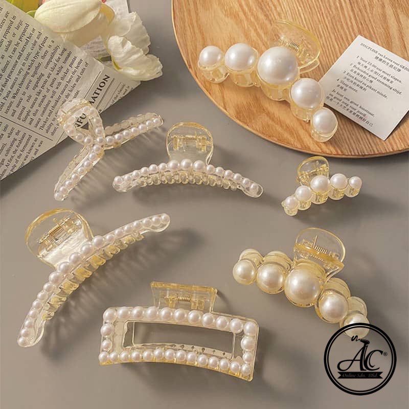 Korean Elegant Pearl Shark Clip Golden Metal Hair Clamp Claw Hair Clip ...