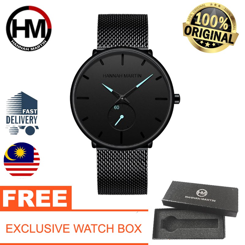 Authentic HANNAH MARTIN Classic Black Stainless Steel Mesh Strap SONY Battery 3 Bar Water Resistant Luxury Men Watch Shopee Malaysia