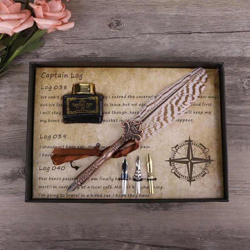 TOP Antique Quill Feather Dip Pen Writing Ink Set Stationery Gift Box ...