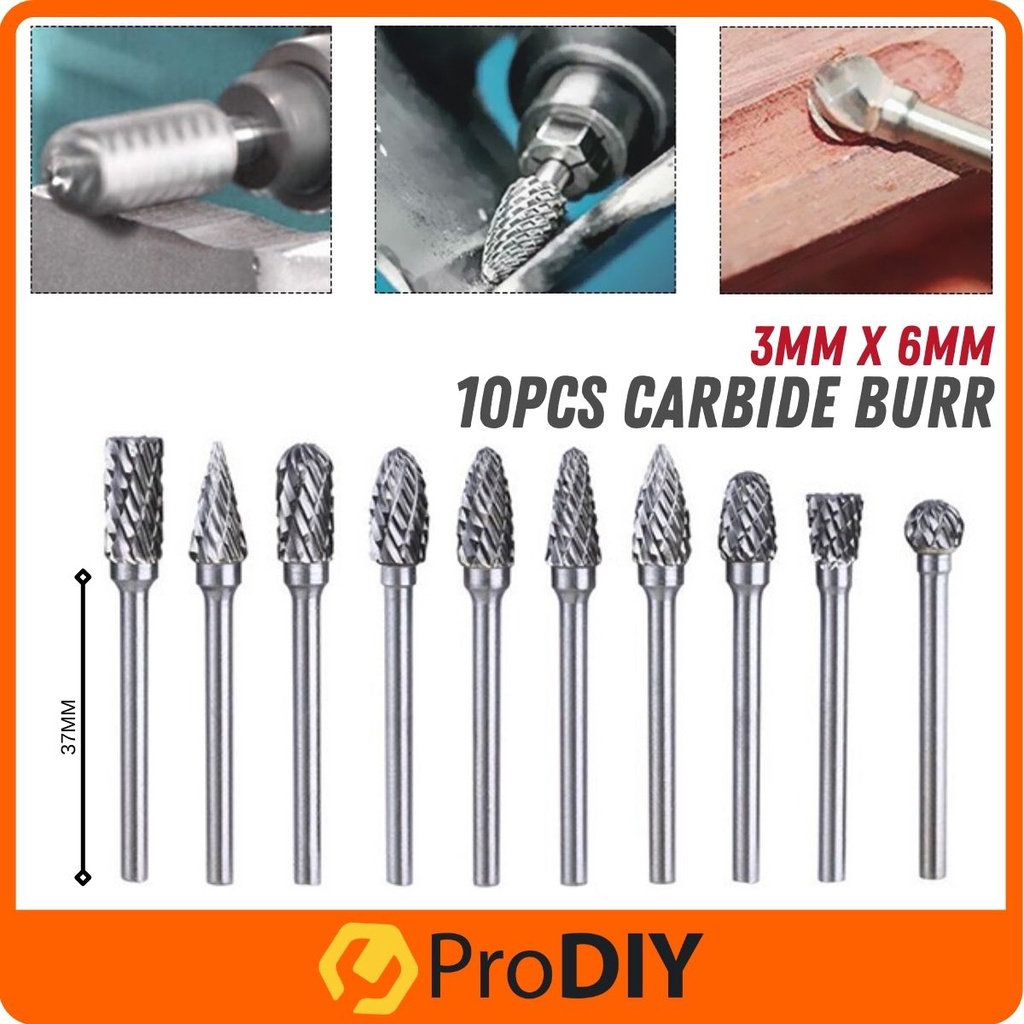 10pcs 3mm x 6mm Double Cut Rotary Tungsten Carbide Burr Shank Fit ...