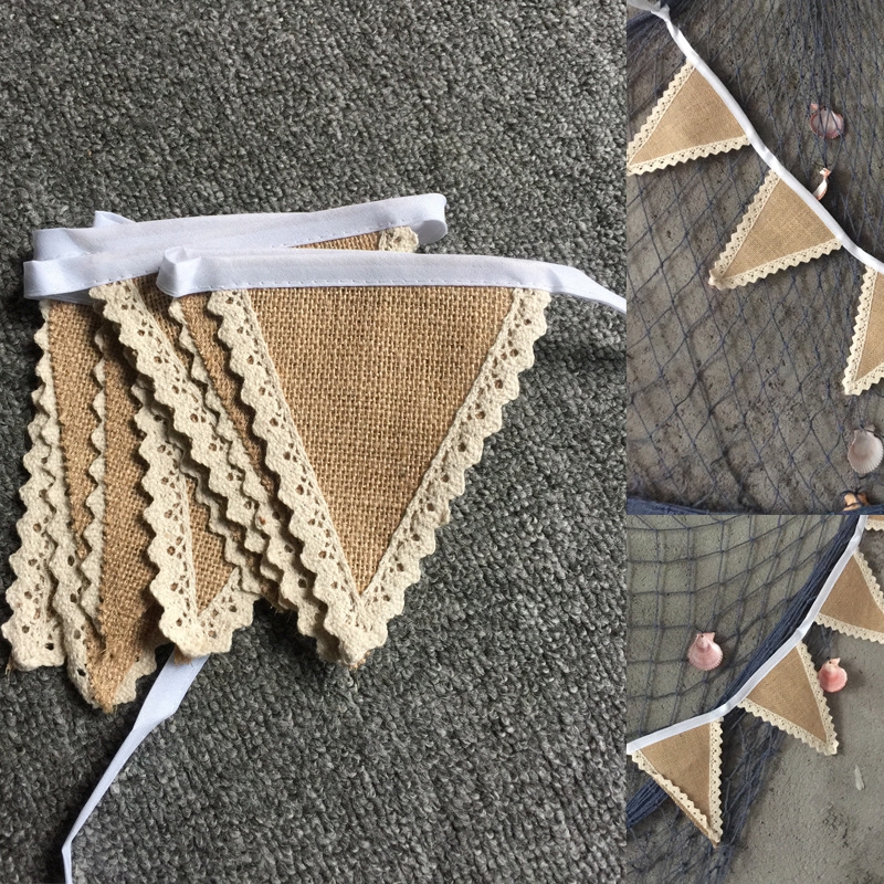 1.9m Rustic Jute Burlap Bunting Banner Flags With White Lace Wedding ...