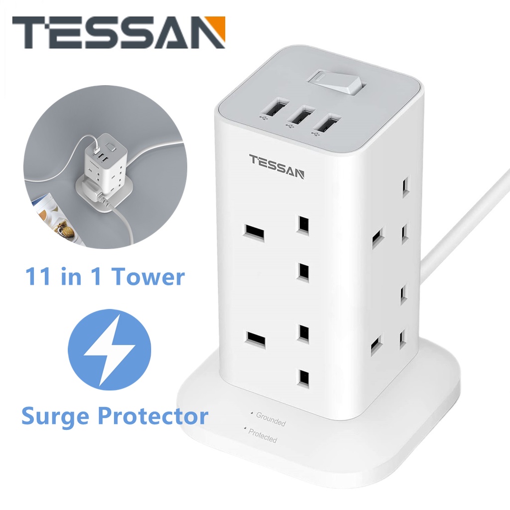 Extension Lead Multi Plug Adapter ,8 Way Outlets Vertical Tower Power