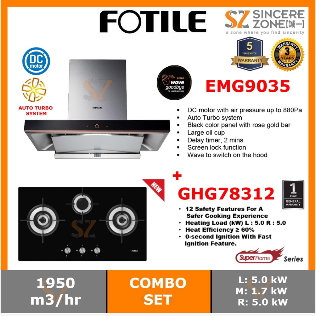 Fotile Chimney Hood EMG9035 + Fotile GHG78312 Built-in Gas Hob | Shopee ...