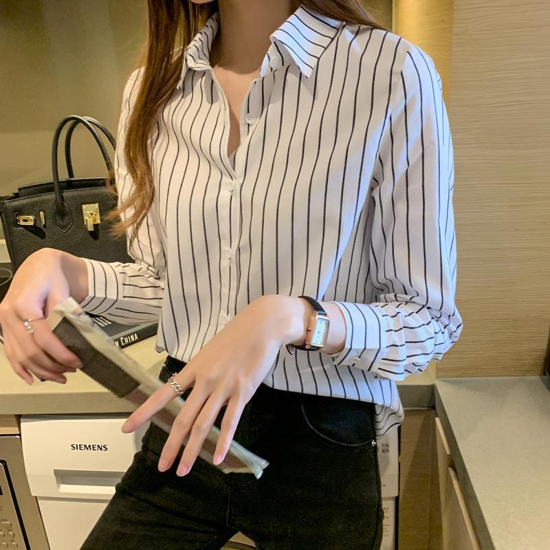 🌺READY STOCK🌺 Black and white vertical striped shirt ladiesnew long ...