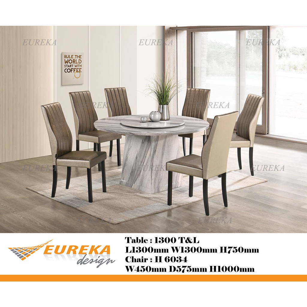 EUREKA 4ft Round Dining Table Set Marble PVC 1+6 / Makan H6034 (Deliver ...