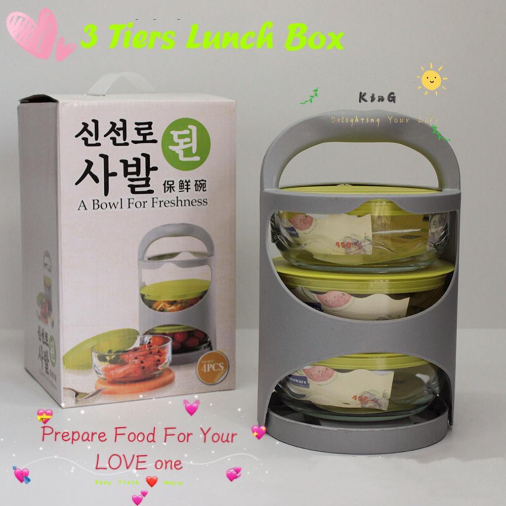3 Tiers 4 Pieces Glass Food Container Lunch Box Lead-Free Glass ...