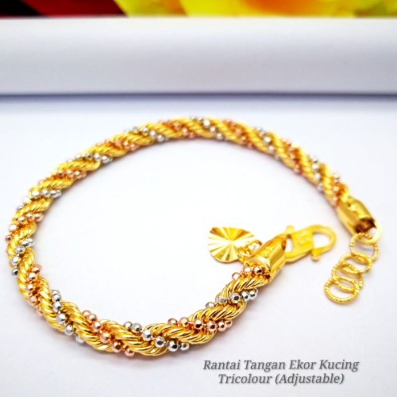 Rantai Tangan Emas Ekor Kucing 1, 2 & 3 Colour Gold Bracelet 916/22k